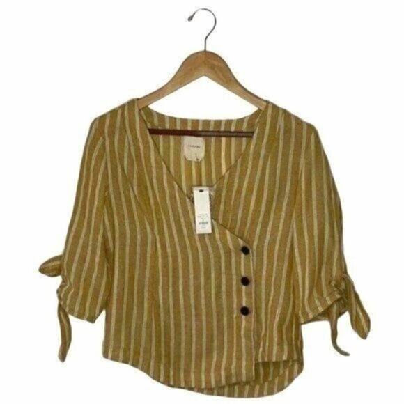 Harper Yellow and White Striped Wrap Top With Buttons  Small - Picture 1 of 7